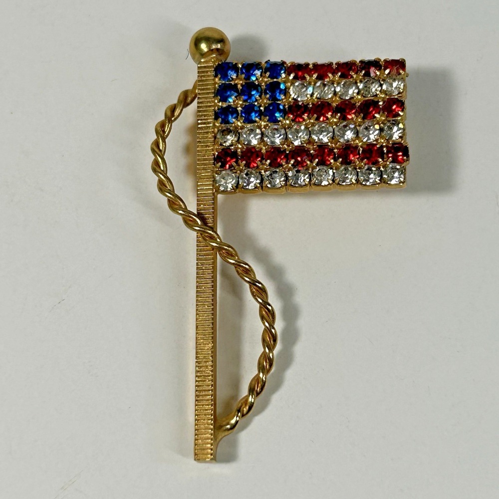 Vintage American Flag Pin Brooch Red White Blue Rhinestone Patriotic July 4th
